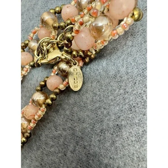 Vintage Chicos Statement Necklace Large Pink Peach Rhinestone Pendant Beaded - Picture 6 of 9